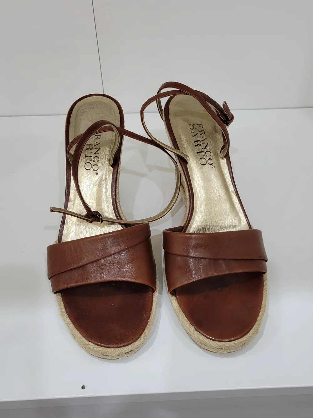 Franco Sarto Brown Leather Espadrille Wedge Sandals